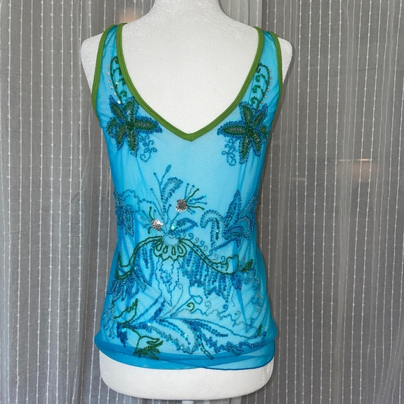Sleeveless Tank Top Aqua Blue  Green Trim with Sequin beadwork. Comfort Stretch - Picture 4 of 6